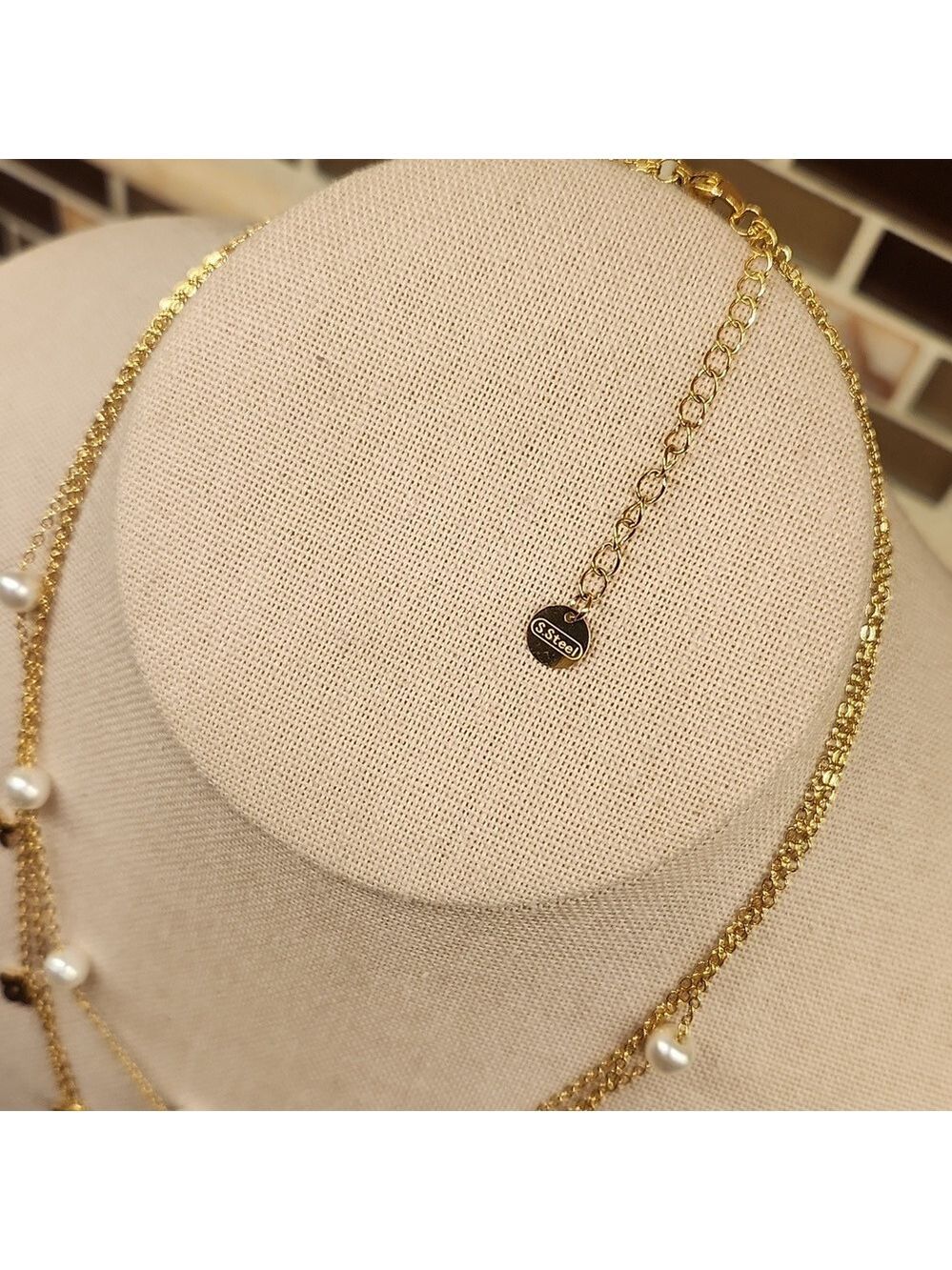 18K Gold Plated Layered Clover & Faux Pearl Station Necklace - Picture 9 of 10